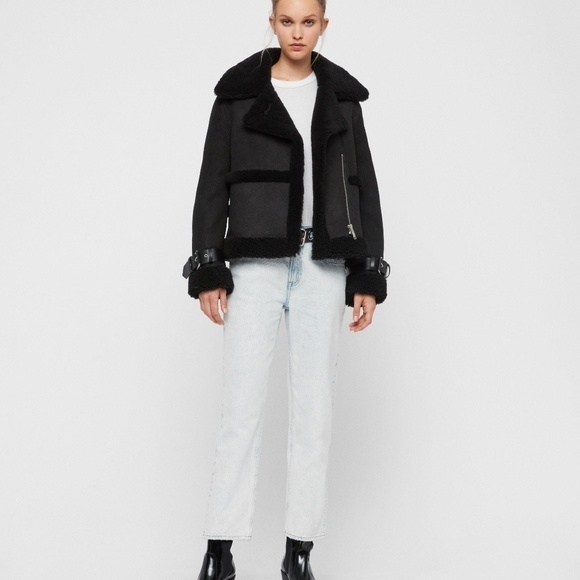 ALLSAINTS Jacket "Farley" Moto-Inspired Genuine Shearling & Suede Leather Sz Lg - Picture 2 of 16